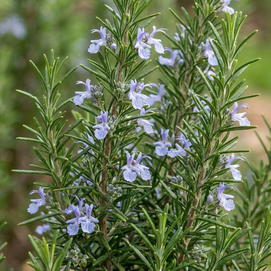 Upright rosemary stems with narrow needle-like leaves and pale lilac-blue two-lipped flowers