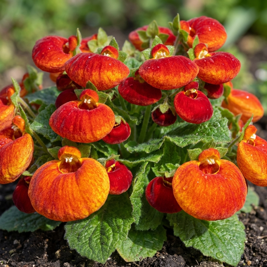 Clump of slipper flowers with pouched blooms in blended red and orange above soft green foliage