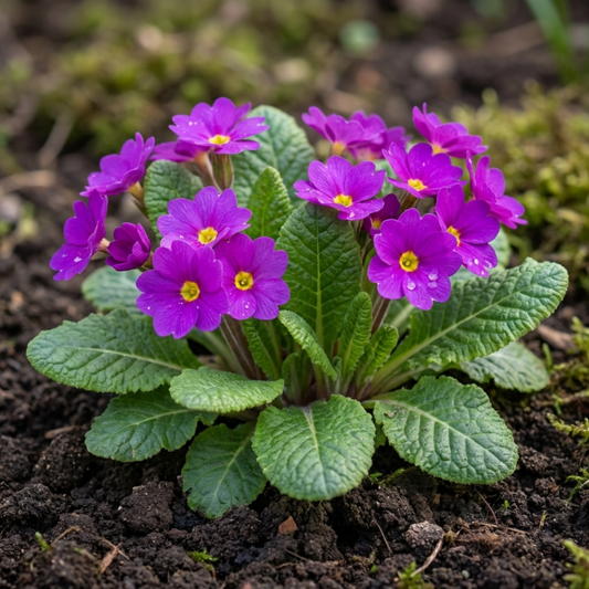 Rosette of vivid magenta-violet primroses with yellow eyes above crinkled green leaves