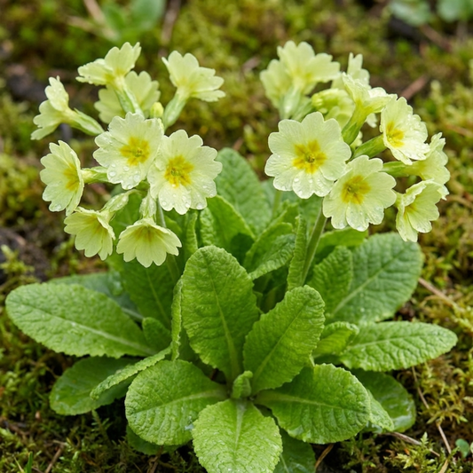 Cluster of pale lime-yellow primrose flowers with deeper yellow centres above a rosette of green leaves