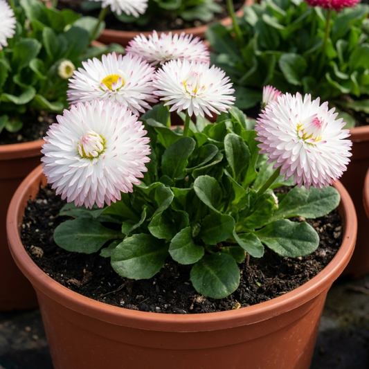 Double white daisy pompoms with faint pink tips and yellow eyes above green leaves in a pot