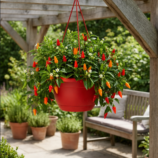 Red hanging basket of ornamental chilli with slim red, orange and yellow fruit and white flowers, on a patio