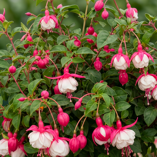 Masses of fuchsia flowers with cerise sepals and white ruffled skirts