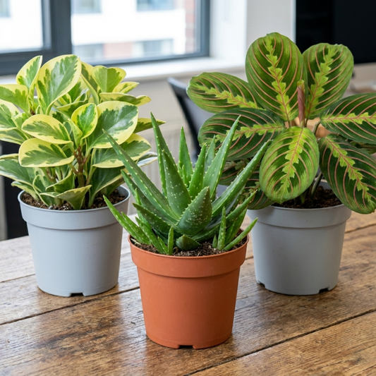 Three potted plants on a table: gold-edged peperomia, spiky aloe and red-veined prayer plant