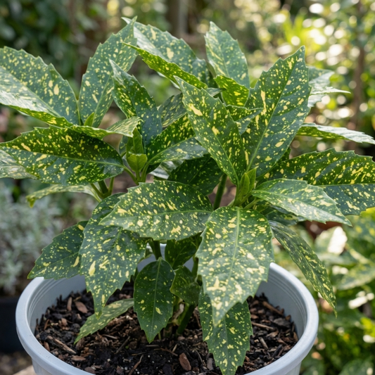 Spotted laurel in a pale pot, broad leathery leaves heavily speckled and splashed with yellow