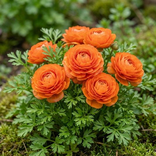 Fully double orange ranunculus flowers above finely cut bright green leaves