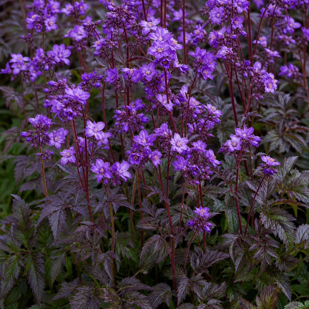 Upright stems of violet-purple open flowers above dark bronze-purple ferny divided foliage