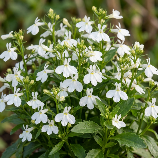 Upright bushy lobelia covered in small pure white two-lipped flowers above fresh green leaves