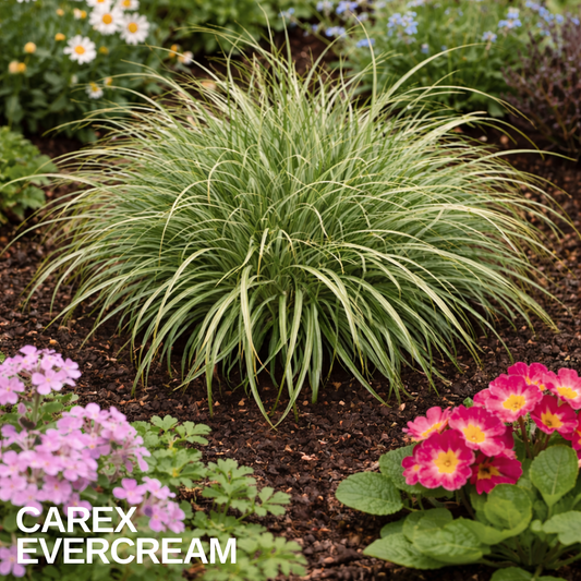 Rounded clump of arching cream-striped green sedge in dark bark beside pink primulas, caption text overlaid