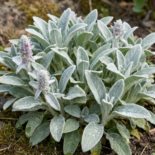 Clump of lamb's ear with thick silver-white woolly leaves and short spikes of small pink flowers