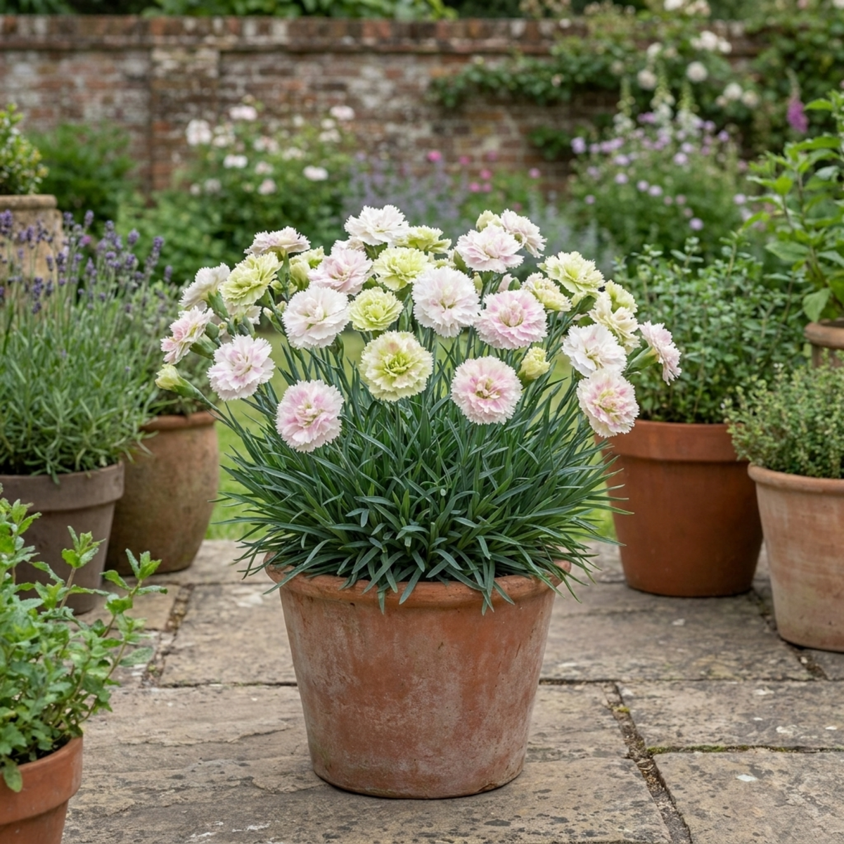 Terracotta pot of double pinks in pale blush and creamy lime green above blue-grey grassy foliage