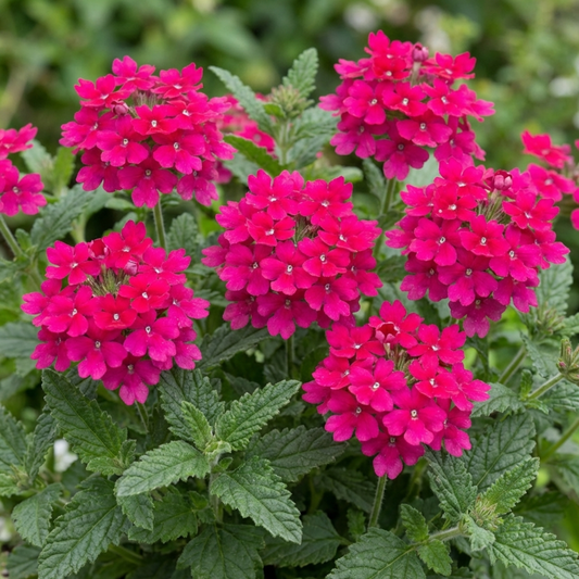 Domed clusters of vivid cerise-pink verbena florets above serrated dark green foliage