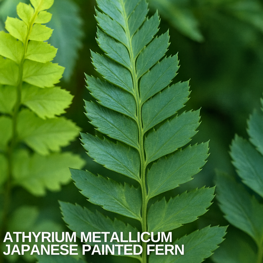 Plain green fern frond with finely toothed leaflets, a yellow-green frond behind