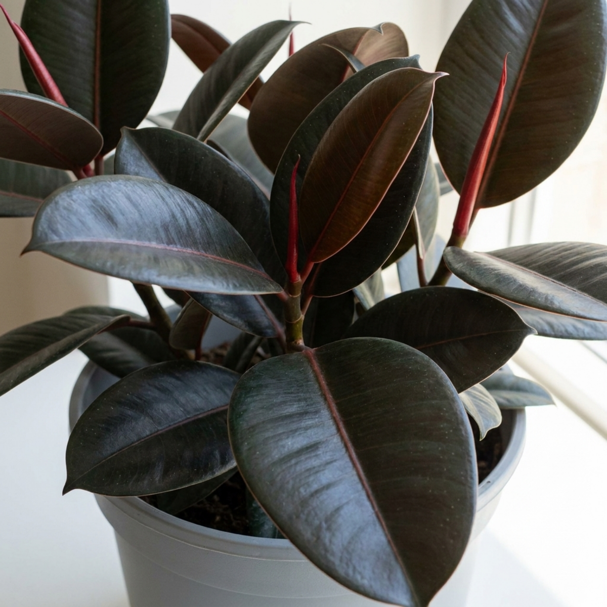 Rubber plant with very dark burgundy-green glossy leaves and bright red leaf sheaths, white pot