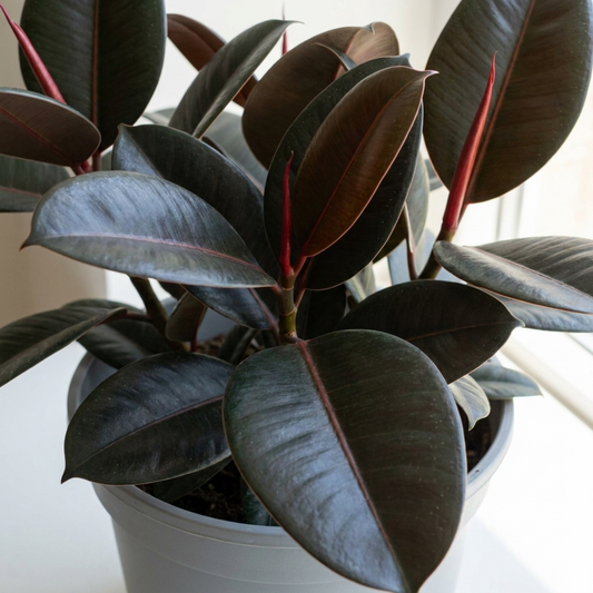 Rubber plant with very dark burgundy-green glossy leaves and bright red leaf sheaths, white pot