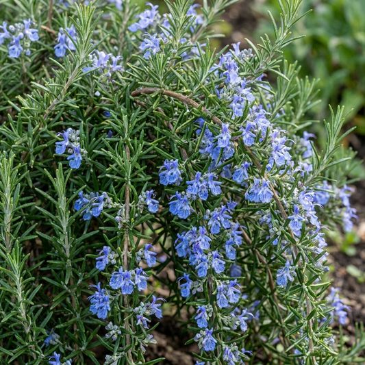Spreading rosemary covered in soft blue flowers along arching stems of fine needle foliage