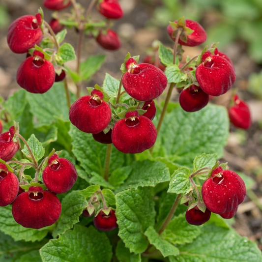 Deep ruby-red pouch-shaped slipper flowers held above crinkled fresh green leaves