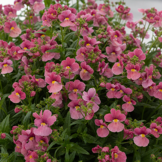 Dense mound of rose-pink nemesia flowers with yellow throats and green leaves