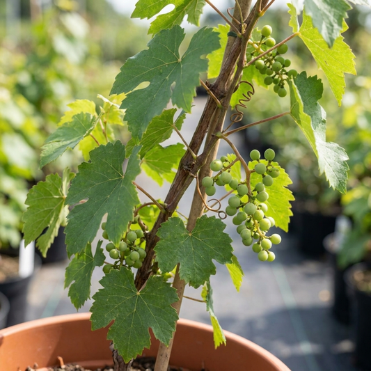 Young grape vine in a terracotta pot, small green unripe bunches and curling tendrils on green foliage