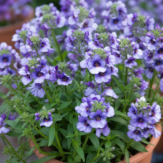 Lilac-blue nemesia flowers with white and dark centres in a terracotta pot