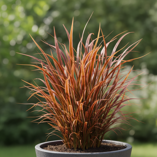 Upright clump of coppery orange and red grass blades in a grey pot