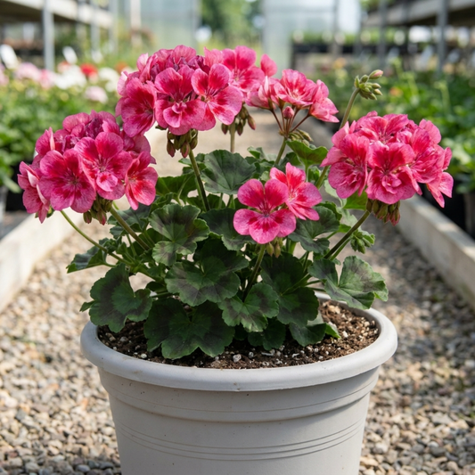 Geranium in a pale pot, pink flowers streaked with deeper rose above rounded green leaves