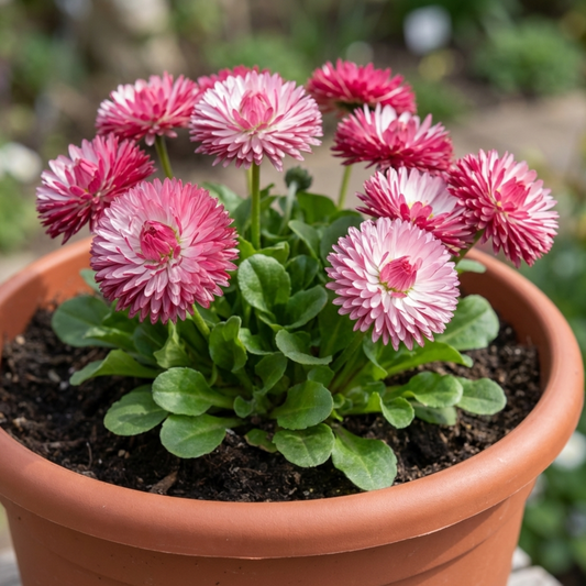 Double rose-pink daisy pompoms tipped with white above green leaves in a terracotta pot