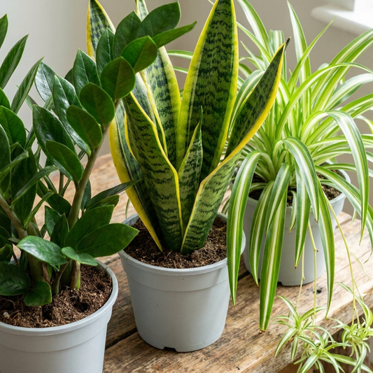 Three houseplants on a wooden bench: ZZ plant, variegated snake plant and a spider plant