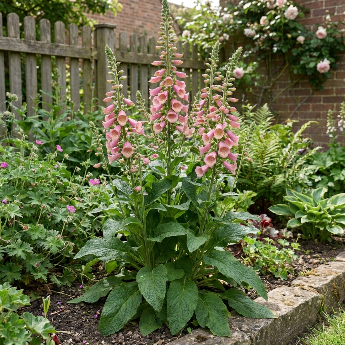 Pink foxglove spires flowering in a cottage border beside a wooden fence and climbing roses