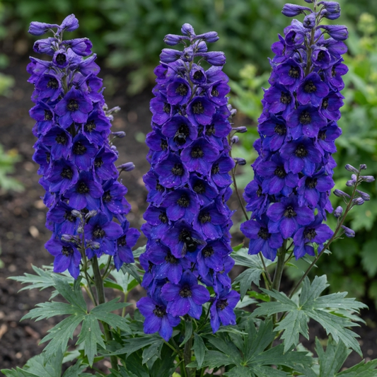 Three dense spires of deep purple-blue delphiniums with black eyes above lobed leaves