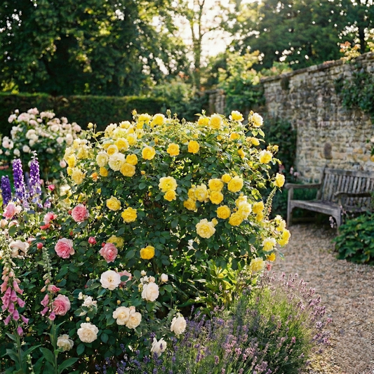 Yellow bush rose massed with golden double blooms in a walled garden with lavender and a bench
