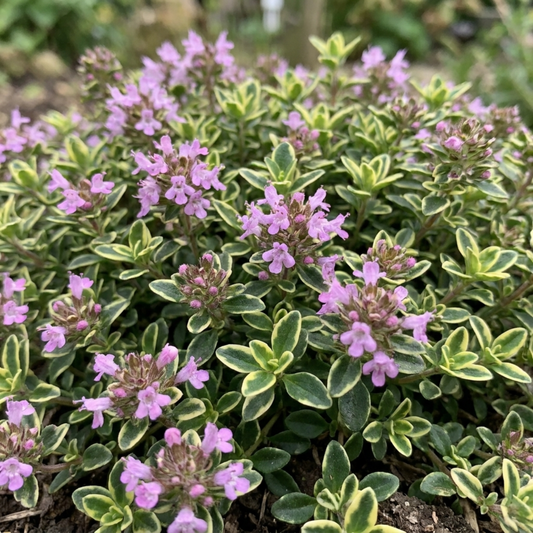 Creeping lemon thyme mat, green leaves edged in cream with clusters of pink flowers