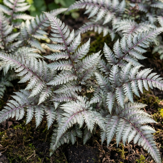 Japanese painted fern with silvery grey fronds veined in deep burgundy over mossy ground