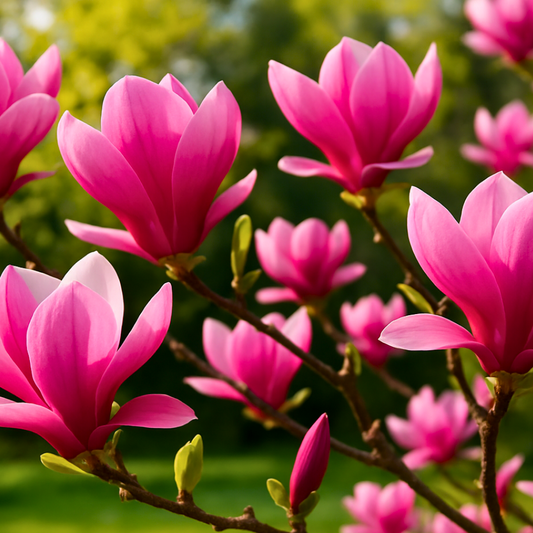 Tulip magnolia branches bearing large deep pink goblet-shaped blooms against green garden foliage
