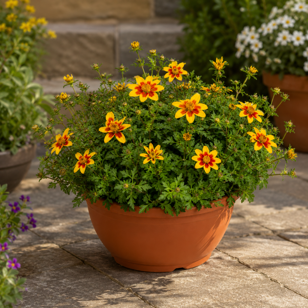 Terracotta bowl of bidens with yellow daisies marked red at the centre, on a paved patio