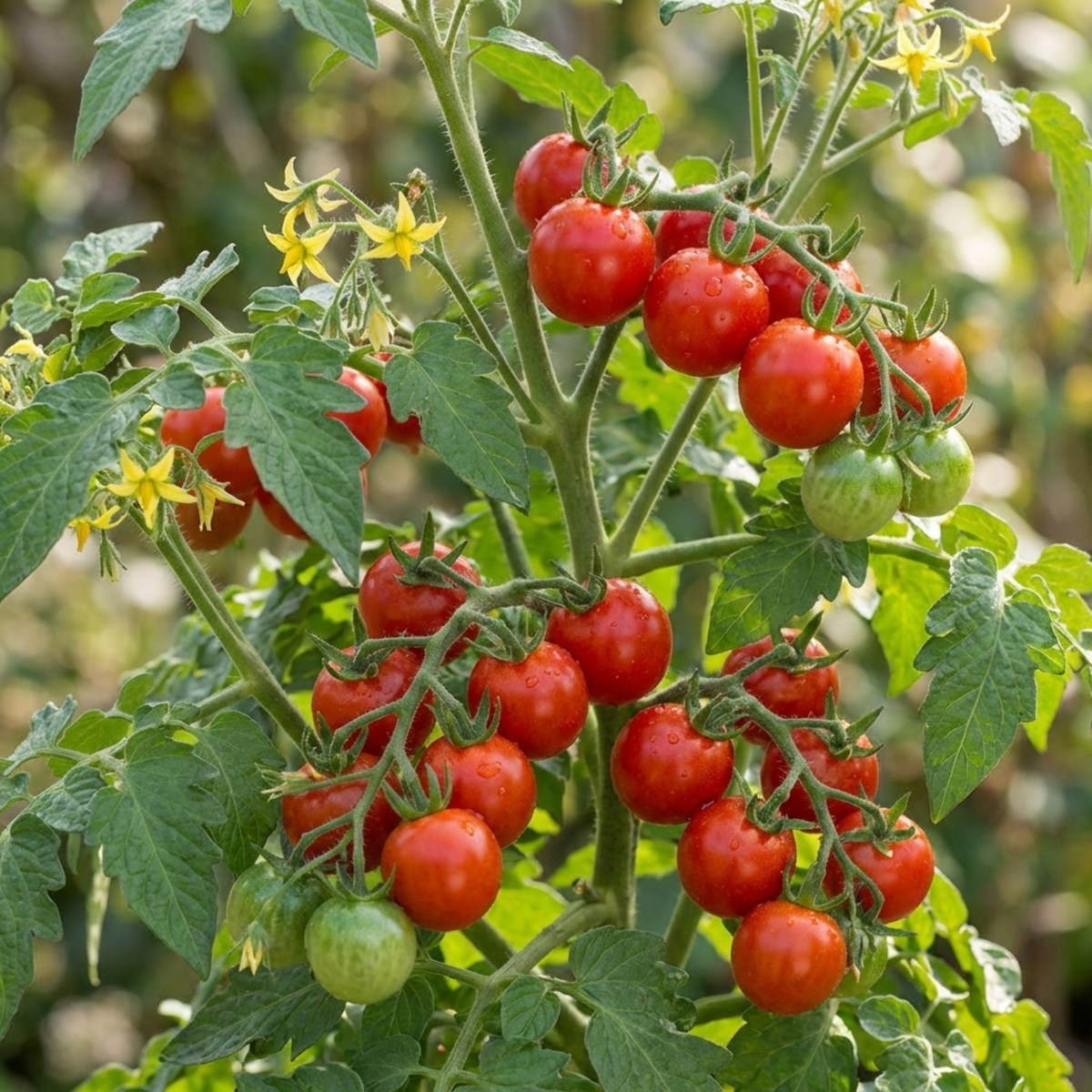 Leafy tomato plant with several trusses of glossy red cherry tomatoes and sprays of yellow flowers