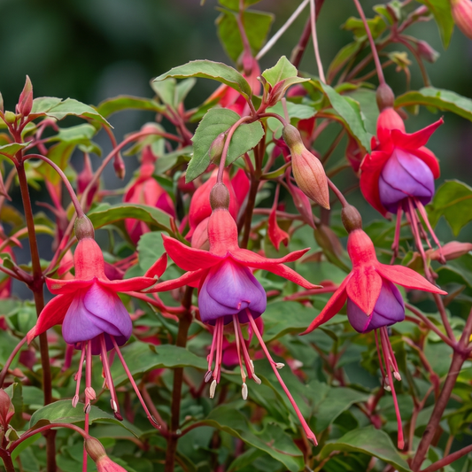 Fuchsia blooms with bright red sepals and lavender-purple skirts among green leaves
