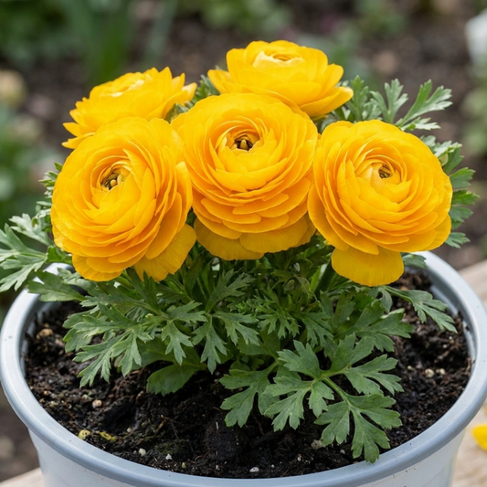 Golden yellow double ranunculus blooms above ferny grey-green foliage in a pale pot