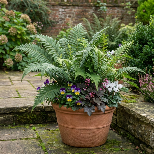 Terracotta pot planted with a large shuttlecock fern underplanted with purple violas and white cyclamen