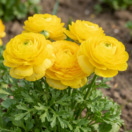 Golden yellow fully double ranunculus blooms with green eyes above finely divided foliage