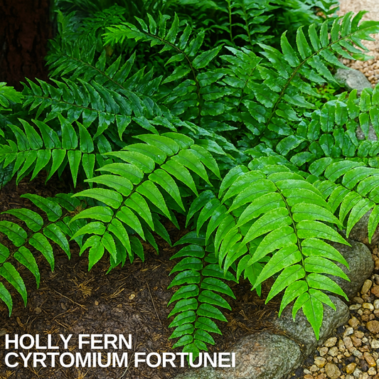 Glossy dark green holly fern fronds arching over bark mulch and stone