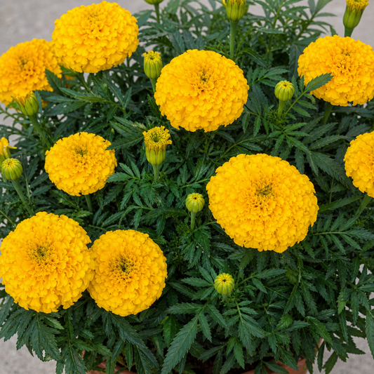 Bright yellow double marigold pompoms above ferny dark green foliage
