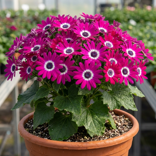 Mound of magenta daisy flowers with white rings and dark eyes above broad green leaves in a terracotta pot