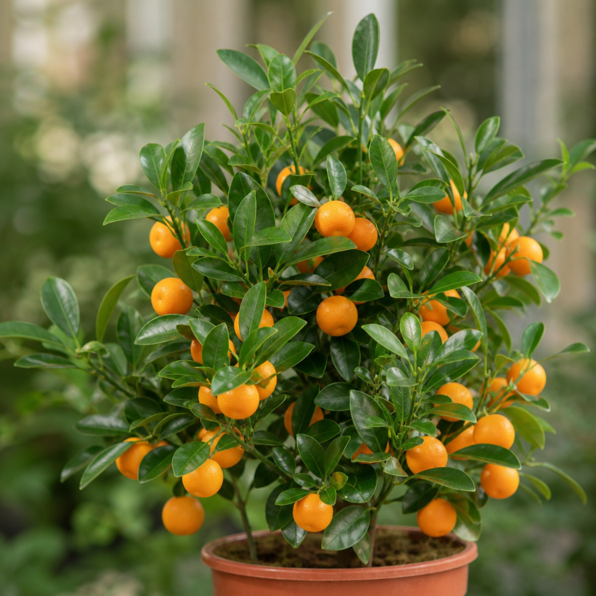 Calamondin orange laden with small round orange fruits among glossy dark green leaves, terracotta pot
