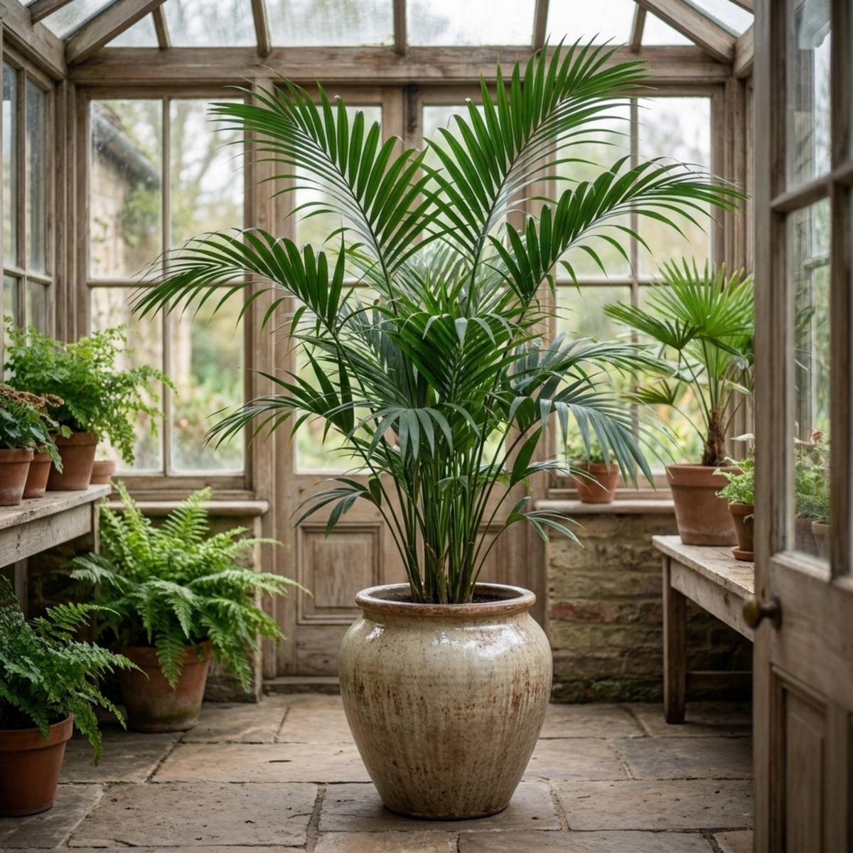 Large parlour palm with arching feathery green fronds in a glazed pot in a rustic glasshouse