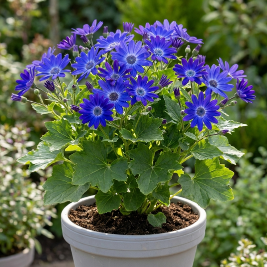 Pericallis in a pale pot bearing many violet-blue daisy flowers with pale rings above broad green leaves