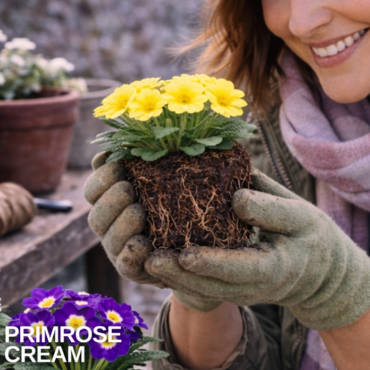 Gloved hands holding a primrose root ball out of its pot, topped with yellow flowers and green leaves