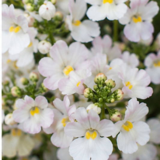 White nemesia flowers flushed pale pink, with yellow throats and green buds