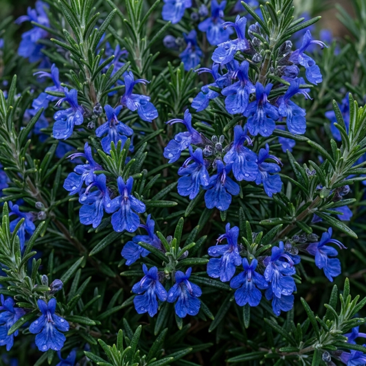 Bushy rosemary smothered in vivid deep blue flowers against dark green needle foliage