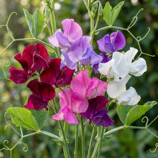 Sweet pea blooms in wine red, lilac, pink and white climbing with curling tendrils